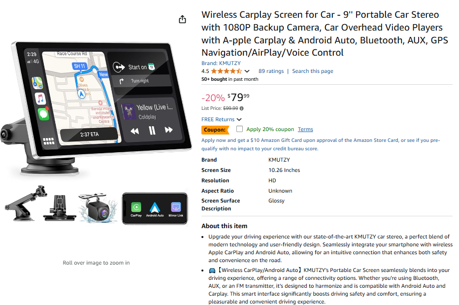 Wireless Carplay Screen for Car - 9" with 1080PBackup Camera