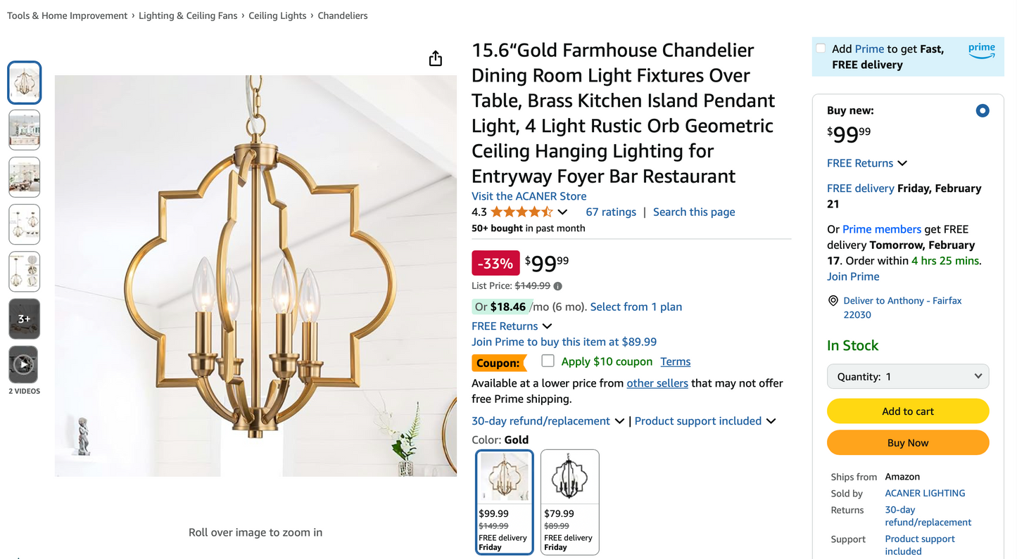15.6“Gold Farmhouse Chandelier Dining Room Light Fixtures Kitchen Island Pendant